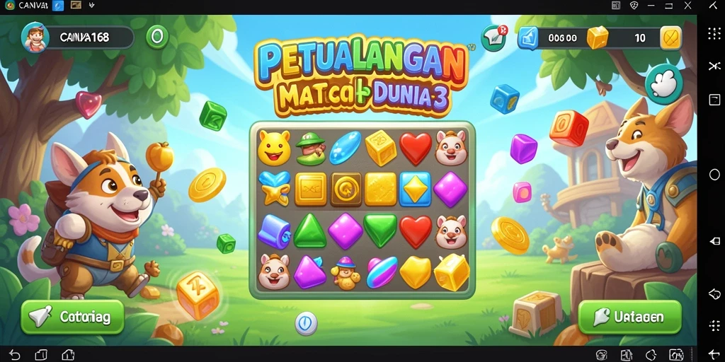 Screenshot gameplay CANVA168 menampilkan aksi mencocokkan objek Match-3 yang seru.
