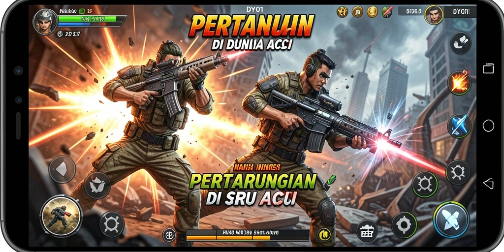 Screenshot utama DY01 menampilkan aksi seru di medan perang.