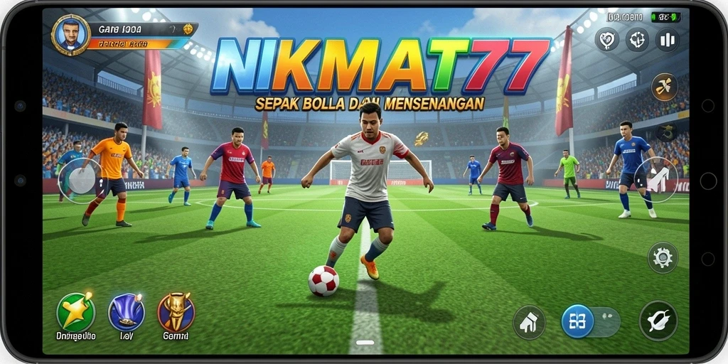 Tampilan gameplay seru di NIKMAT777 dengan aksi sepak bola nyata.
